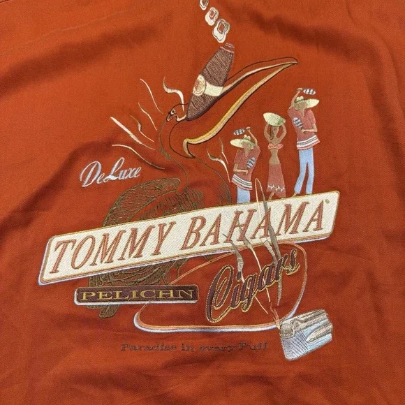Tommy Bahama Silk Camp Shirt Mens 2XL Orange Pelican Cigars Embroidered Loop - Picture 3 of 12